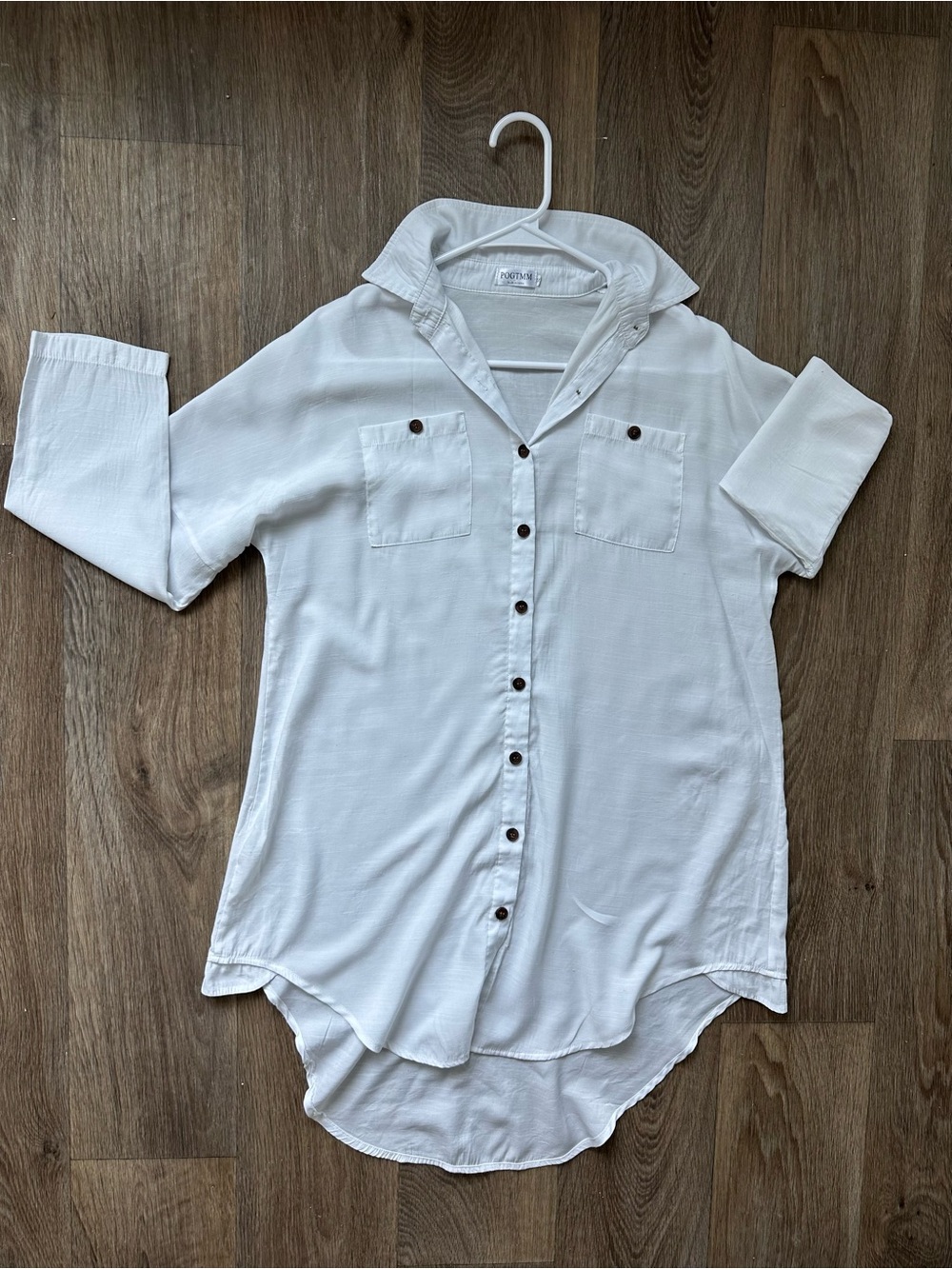 Pogtmm White Button Down Long Tunic Shirt Dress Roll Tab Sleeve Size S